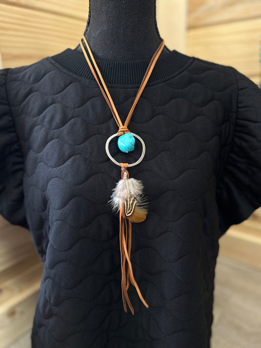 leather necklace, turquoise + yellow feather