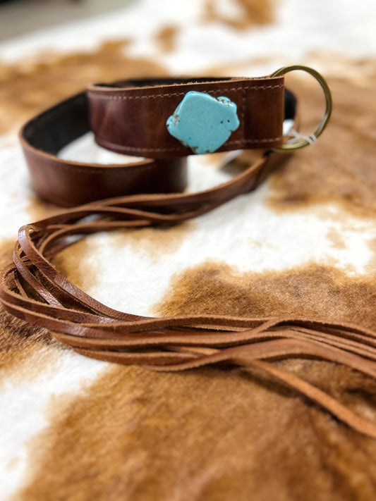 leather fringe belt w/ turquoise slab