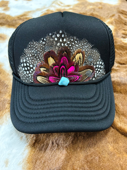 feather trucker hat, black + pink