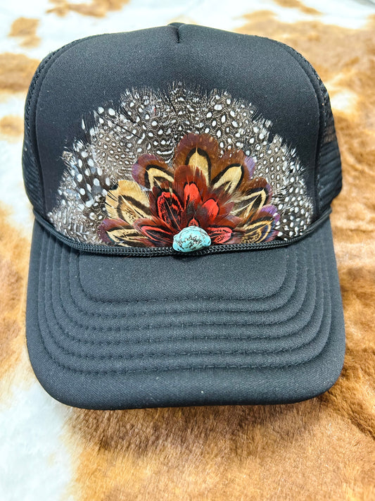 feather trucker hat, black + red