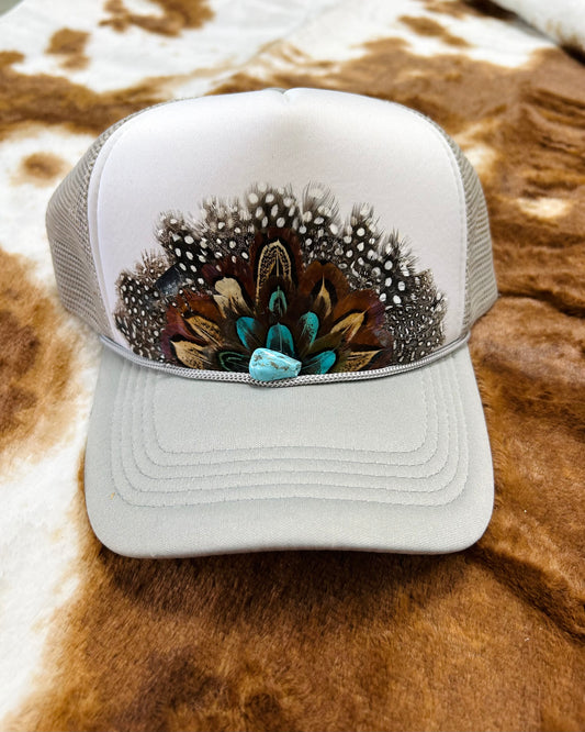 feather trucker hat, grey + turquoise