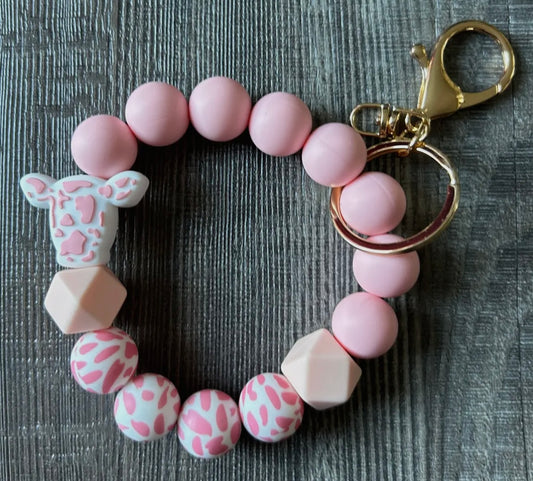 cow silicone beaded keychain, pink