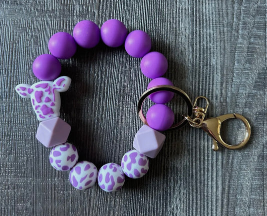 cow silicone beaded keychain, purple
