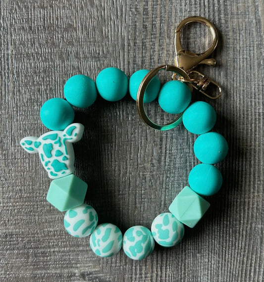 cow silicone beaded keychain, teal