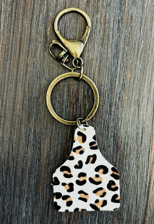 cow tag keychain, white cheetah