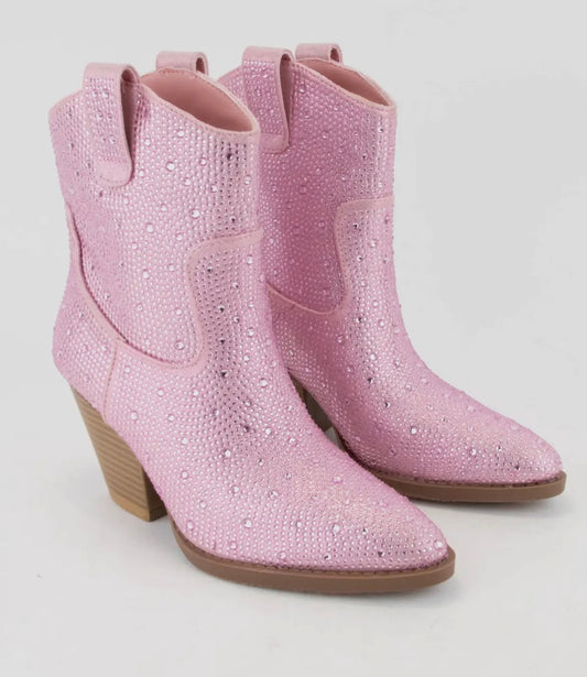 bedazzled western ankle boots, pink