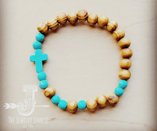 wood + blue turquoise stretch bracelet