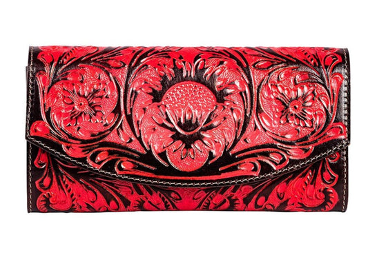 tambrina hand-tooled wallet in red | myra
