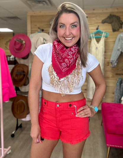 red distressed shorts | kancan