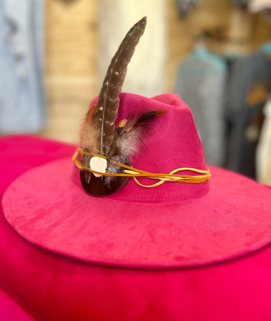 magenta felt hat w/ white turquoise + yellow feather