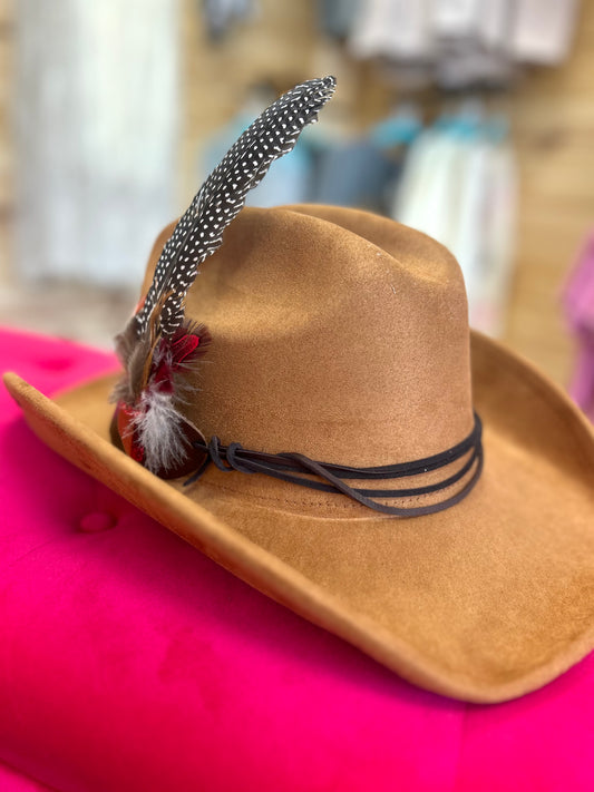 tan felt western hat w/ red turquoise + red feather