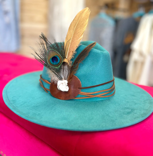 teal felt hat w/ white turquoise peacock + gold feathers