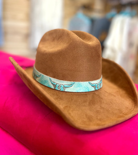 tan felt western hat w/ turquoise steer leather band