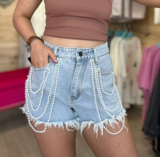 distressed pearl chain shorts