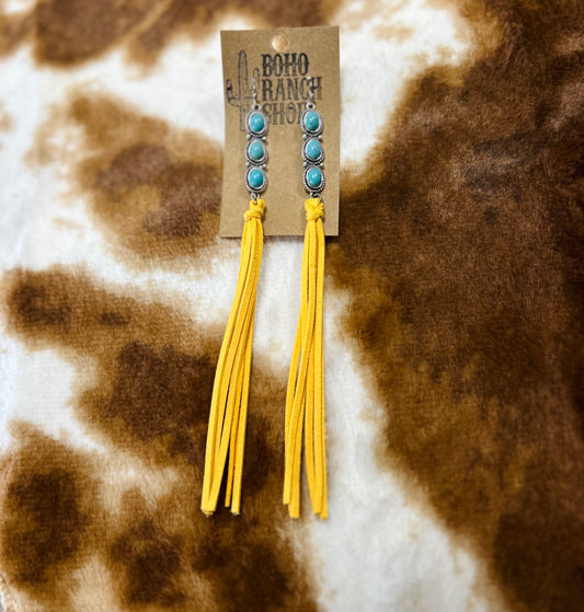 turquoise stone fringe earrings, yellow