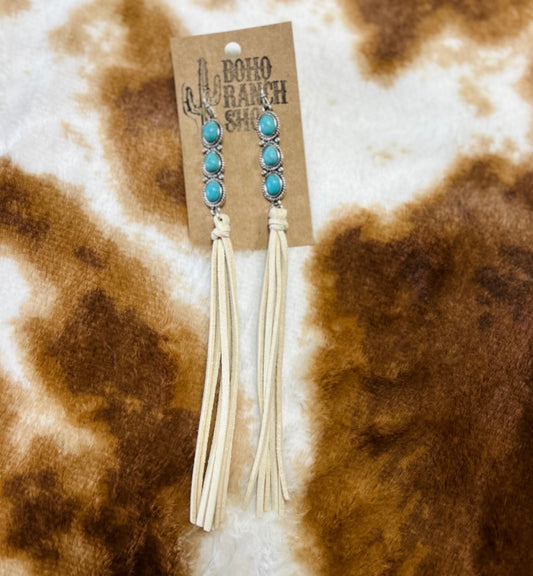 turquoise stone fringe earrings, beige