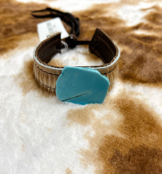 narrow tan hairon cuff w/ turquoise