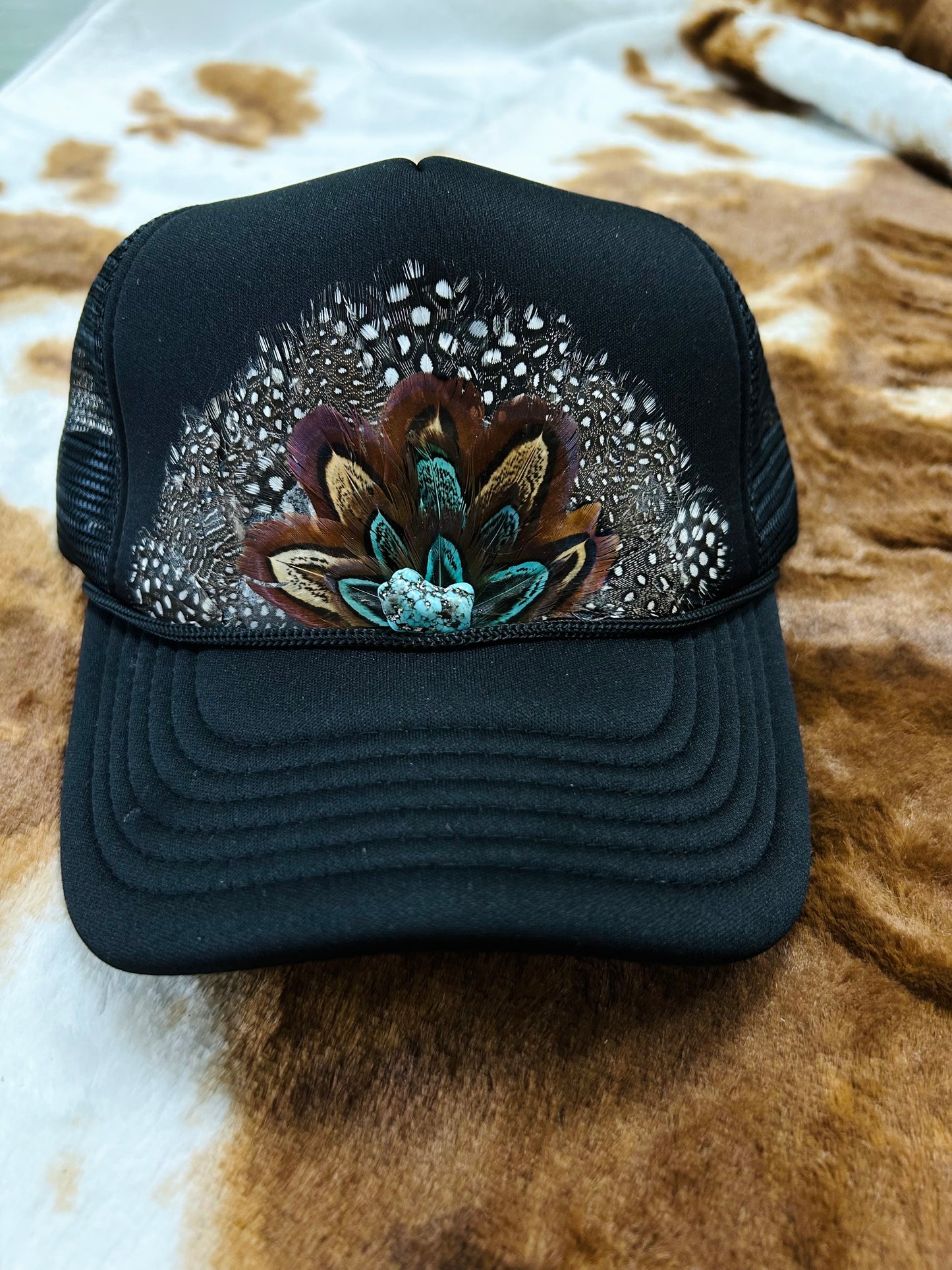 feather trucker hat, black + turquoise