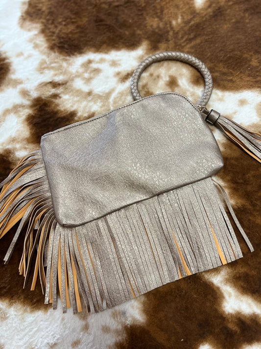 fringe bangle clutch, bronze