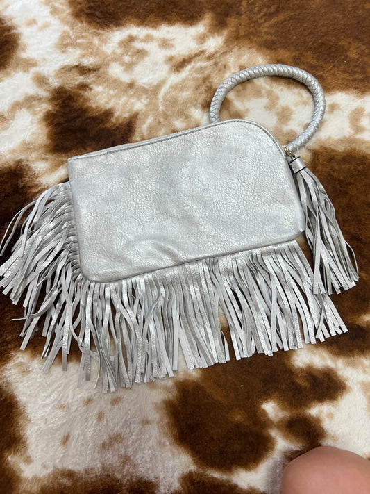 fringe bangle clutch, silver