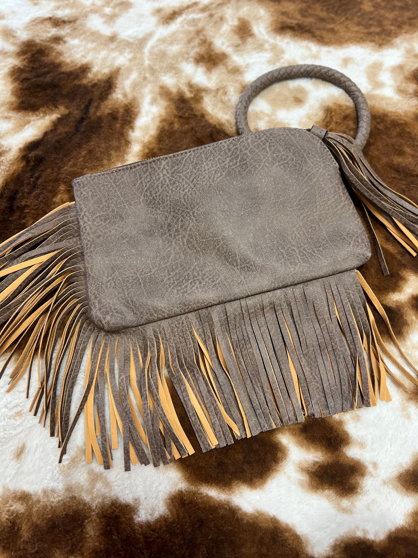 fringe bangle clutch, taupe