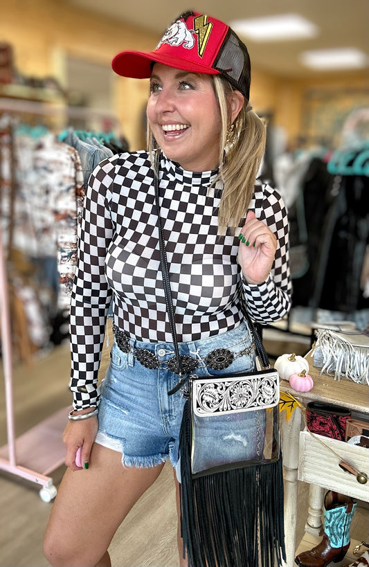 black + white checkered bodysuit