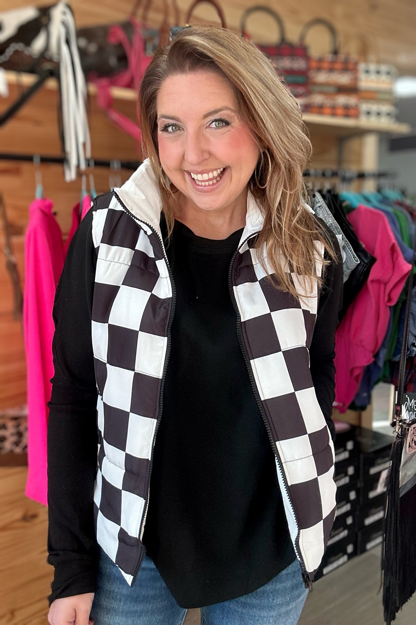 checkered puffer vest