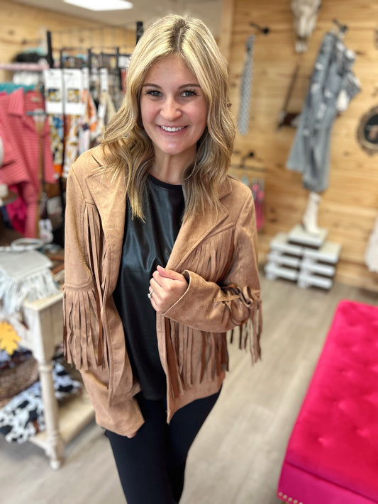 suede fringe jacket, camel